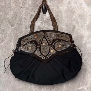 Braccialini Tua Canvas Beaded Studded Tote‎ Black Leather Embellished Detail Bag